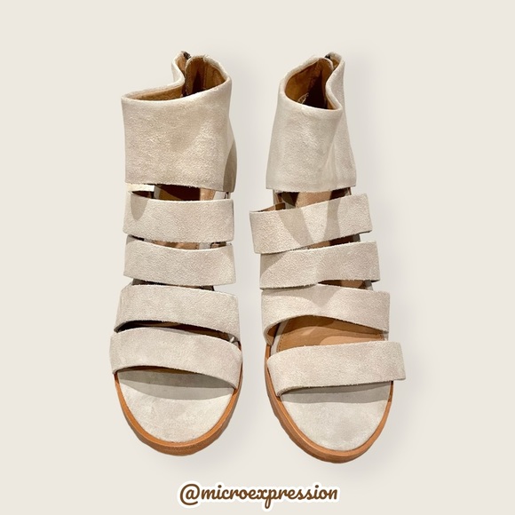 $328 Frye Tash Grey Suede Real Leather Cut Out Strappy Wood PeepToe Ankle Bootie - Picture 5 of 10